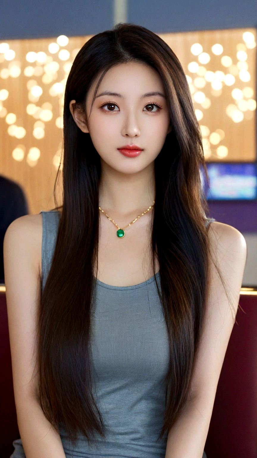 extreme close-up of beautiful Chinese female, big nose, straight long hair, 38 inch breasts size, necklace, wearing fitting tank top, sitting in terminal lounge, bokeh background, UHD