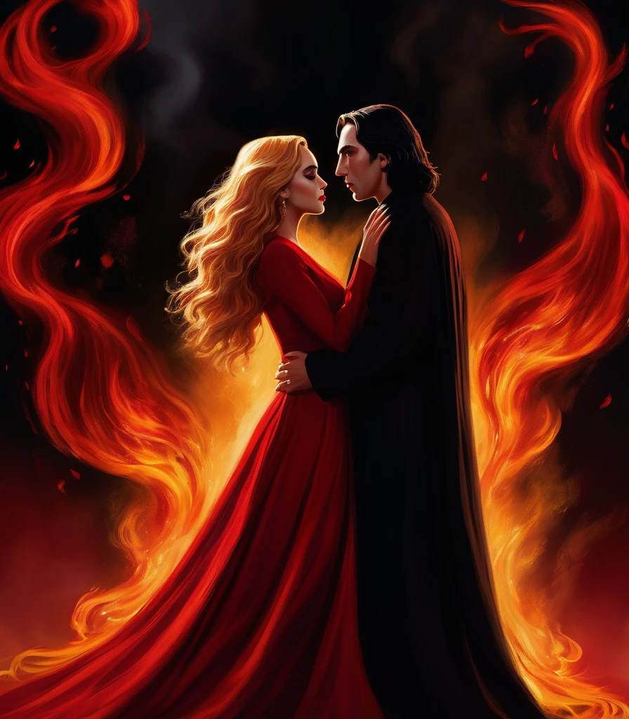 - Scene: Create an image of two people in love in a setting of mystery and passion.
- Woman's Appearance:
- Resembles Beyoncé
- Brown skin
- Long, golden blonde curly hair
- Confident and seductive expression
- Wearing a red dress, elegant and form-fitting
- Lips painted a deep, intense red
- Man's Appearance:
- Resembles Severus Snape (Alan Rickman)
- Pale skin
- Large nose
- Black, straight hair falling around his face in a somber manner
- Serious and intense expression
- Wearing a black cloak, contrasting with the flames around them
- Atmosphere:
- Surrounded by flames, creating a mystical and fiery ambiance
- Soft lighting highlighting their faces, enhancing the sparkle in their eyes
- Flames adding an element of intensity and mystery to the scene
- They are close to each other, gazing intensely into each other's eyes, exuding a strong emotional connection