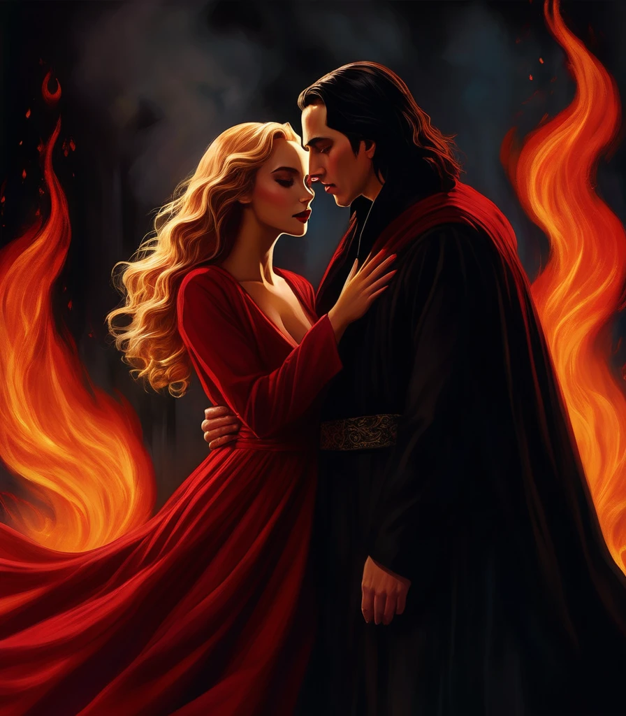 - Scene: Create an image of two people in love in a setting of mystery and passion.
- Woman's Appearance:
- Resembles Beyoncé
- Brown skin
- Long, golden blonde curly hair
- Confident and seductive expression
- Wearing a red dress, elegant and form-fitting
- Lips painted a deep, intense red
- Man's Appearance:
- Resembles Severus Snape (Alan Rickman)
- Pale skin
- Large nose
- Black, straight hair falling around his face in a somber manner
- Serious and intense expression
- Wearing a black cloak, contrasting with the flames around them
- Atmosphere:
- Surrounded by flames, creating a mystical and fiery ambiance
- Soft lighting highlighting their faces, enhancing the sparkle in their eyes
- Flames adding an element of intensity and mystery to the scene
- They are close to each other, gazing intensely into each other's eyes, exuding a strong emotional connection