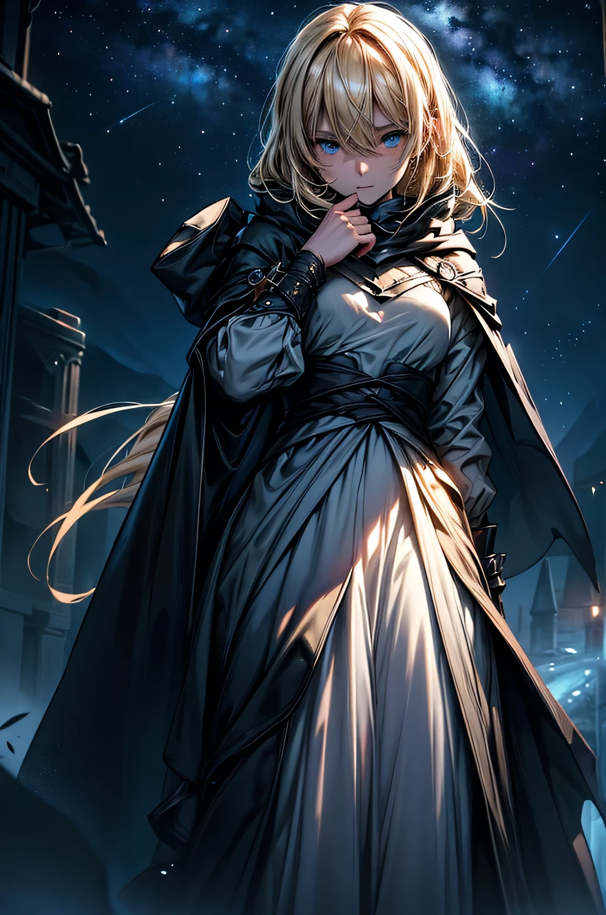 Blonde woman in futuristic outfit, Wrapped in a dark cloak, Standing in the clearing under the night sky. his face, Illuminated by soft moonlight, Reveals a line of experience and wisdom. Your pensive eyes seem to delve into the mysteries of the universe., while his distant gaze conveyed deep contemplation.. Around her., The darkness of the night was broken only by the soft glow of the stars scattered in the dark sky.. A feeling of peace and tranquility hung in the air., Meanwhile, the young woman looked deep in thought., Connect to the vastness of the universe around you.. The night environment feels mysterious and inspiring., Where the boundaries between reality and imagination dissolve., An invitation to reflect and ponder..