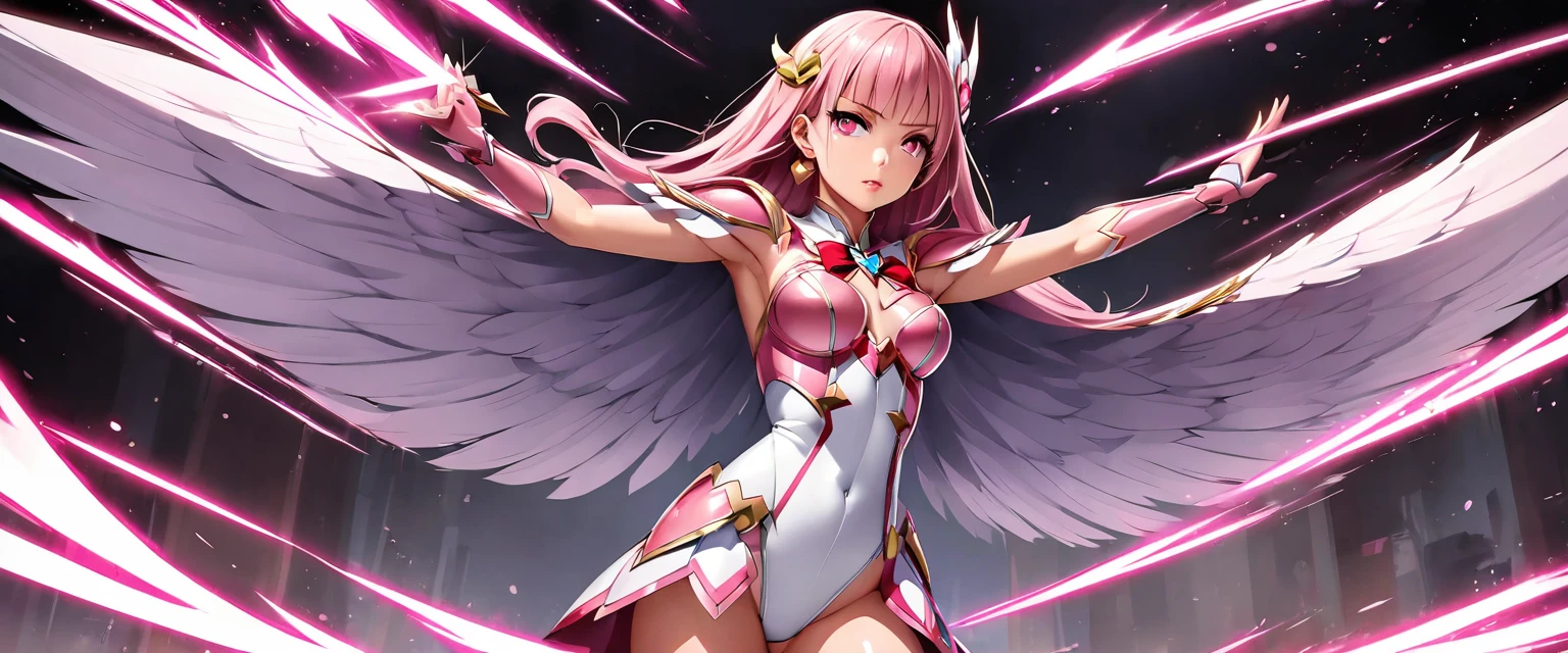 (Perfect Anatomy)、Mastepiece、Ultra High Quality、 8K、masterpiece、Highest quality、Ultra-high resolution、Maximum resolution、Very detailed、Professional Lighting、anime、woman、thin、so beautiful、Highly detailed eye、Highly detailed face、Golden earrings、Pink Hair,、Pink eyes、Mid-chest, upper arm pink armor, white leotard, pink pattern, full body, magical girl, Angel Girl, fighting pose, (((shoot magic from your hands))), sweat, Raise your arms and cross them above your head, magic attack, angry, From the side, pink thigh high stockings, white super long boots, pink gauntlet, hands glow pink, high heels, transparent pubic hair