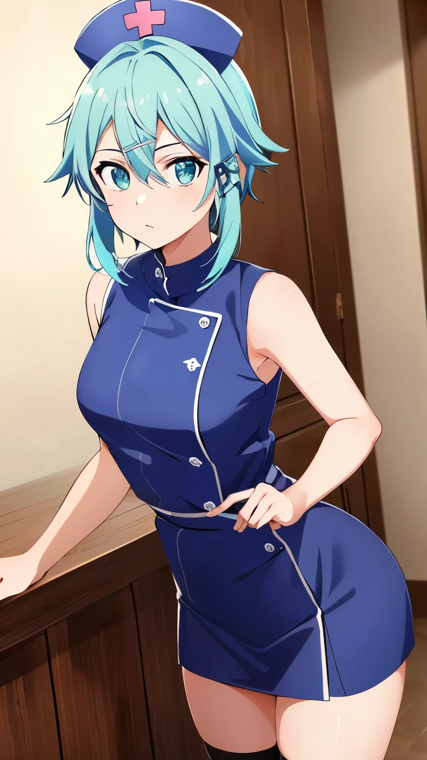 (Top Quality, Masterpiece, 8k:1.2), Ultra Detailed, High Resolution, Anime, 1 Girl, Solo, EPsoaSinon, Short Hair, Light Blue Hair, Detailed Jewel Eyes, Hair Between Eyes, (Hair Accessory:1.2), Hair Clip, Side Locks, (Nurse uniform, nurse hat, sleeveless, short skirt, indoors), dynamic Angle, Cowboy Shot,looking at viewer,