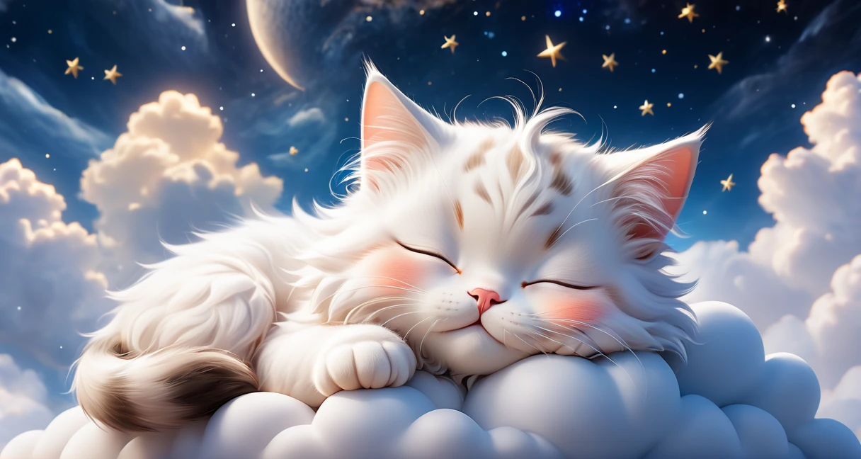 ((Perfect Face)), ((Highest quality)),Ultra-high resolution, 4K, wallpaper, High quality photos, Portrait of a cute cat sleeping on a cloud ADDCOMM Night Sky, Aozora ADDROW Sleeping Cat Tusun, tusuncub ADDROW Soft Cloud, (White cloud:1.6)
