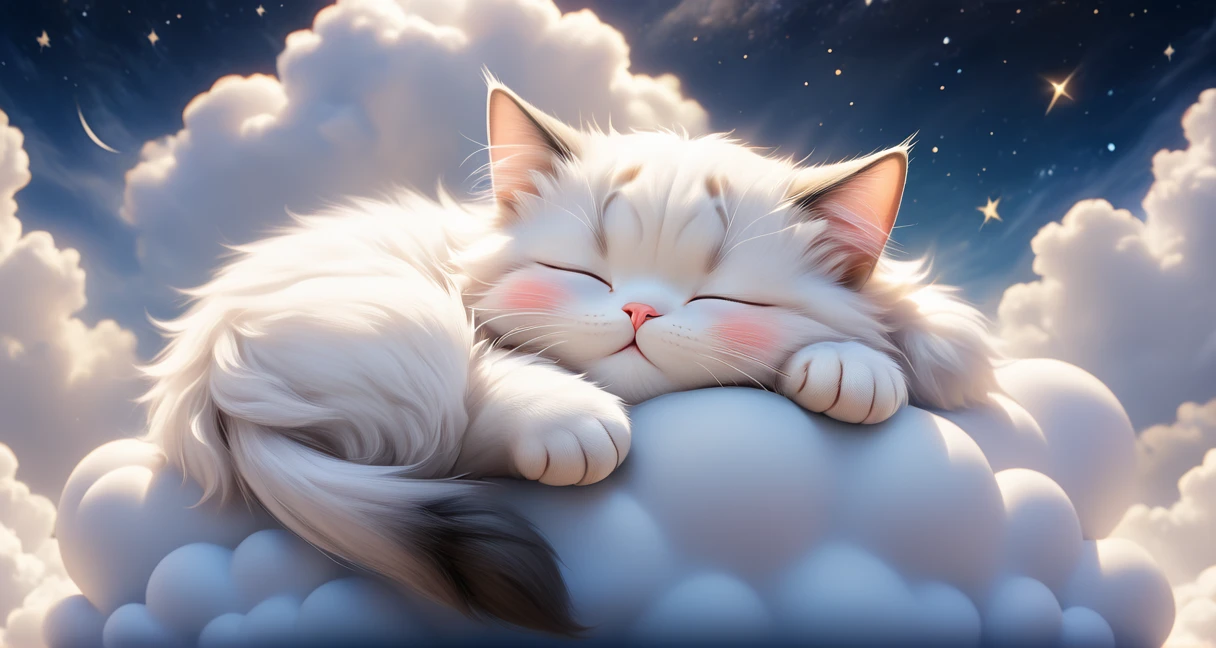 ((Perfect Face)), ((Highest quality)),Ultra-high resolution, 4K, wallpaper, High quality photos, Portrait of a cute cat sleeping on a cloud ADDCOMM Night Sky, Aozora ADDROW Sleeping Cat Tusun, tusuncub ADDROW Soft Cloud, (White cloud:1.6)