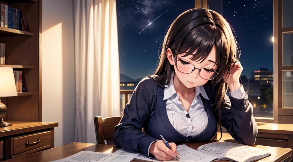 Falling asleep face down while studying at night、A cute girl wearing glasses that accentuate her breasts a little