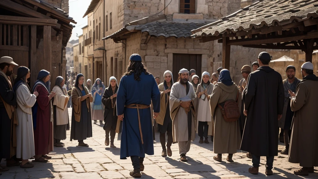 "A bustling marketplace in a first-century village, where people gather around a well-known healer and teacher. In the background, the silhouette of an ancient synagogue is visible, marking the setting of Jesus' teachings. The atmosphere is charged with anticipation and wonder as Jesus speaks of death as sleep, offering comfort and pointing towards the promise of resurrection. The scene captures the transformative impact of Jesus' words on the belief in life after death."