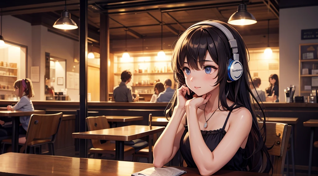 Girl with headphones enjoying music in a cafe I am studying Emphasize a little bit of the chest Night Background