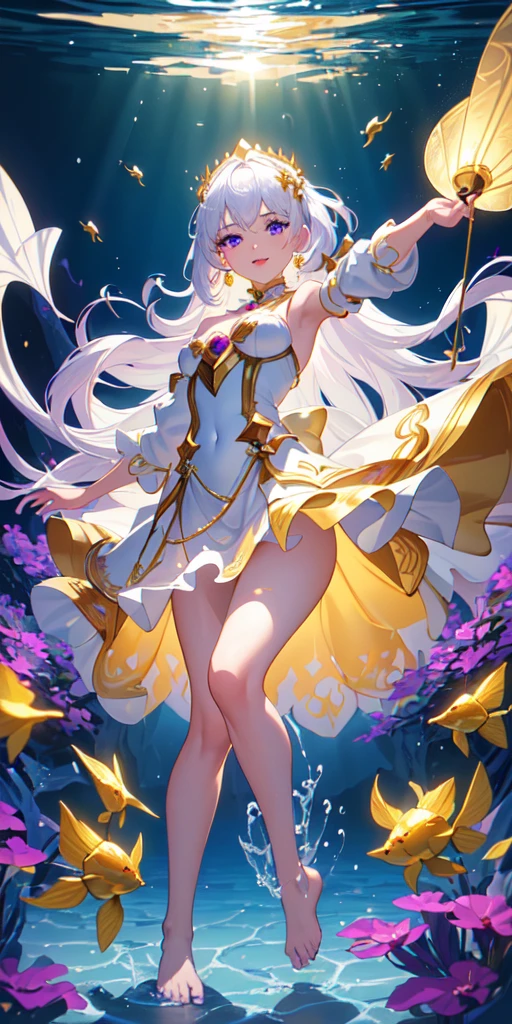 [(Transparent background:1.5)::5],(((masterpiece))),(((best quality))),(((extremely detailed)), 1girl: Esmeralda(mobile legend hero) solo,gorgeous,busty,shiny, (white hair),(purple eyes), full body,barefoot,long hair tranquil nature, koi,Underwater, Dome,close up,Dynamic actions,Lens perspective, volumetric lighting, multi-color eyes, detailed eyes, hyper detailed,light smile, highly detailed, beautiful, small details, ultra detailed, best quality, intricate, 4k, 8k, trending on artstation, good anatomy, beautiful lighting, award-winning,