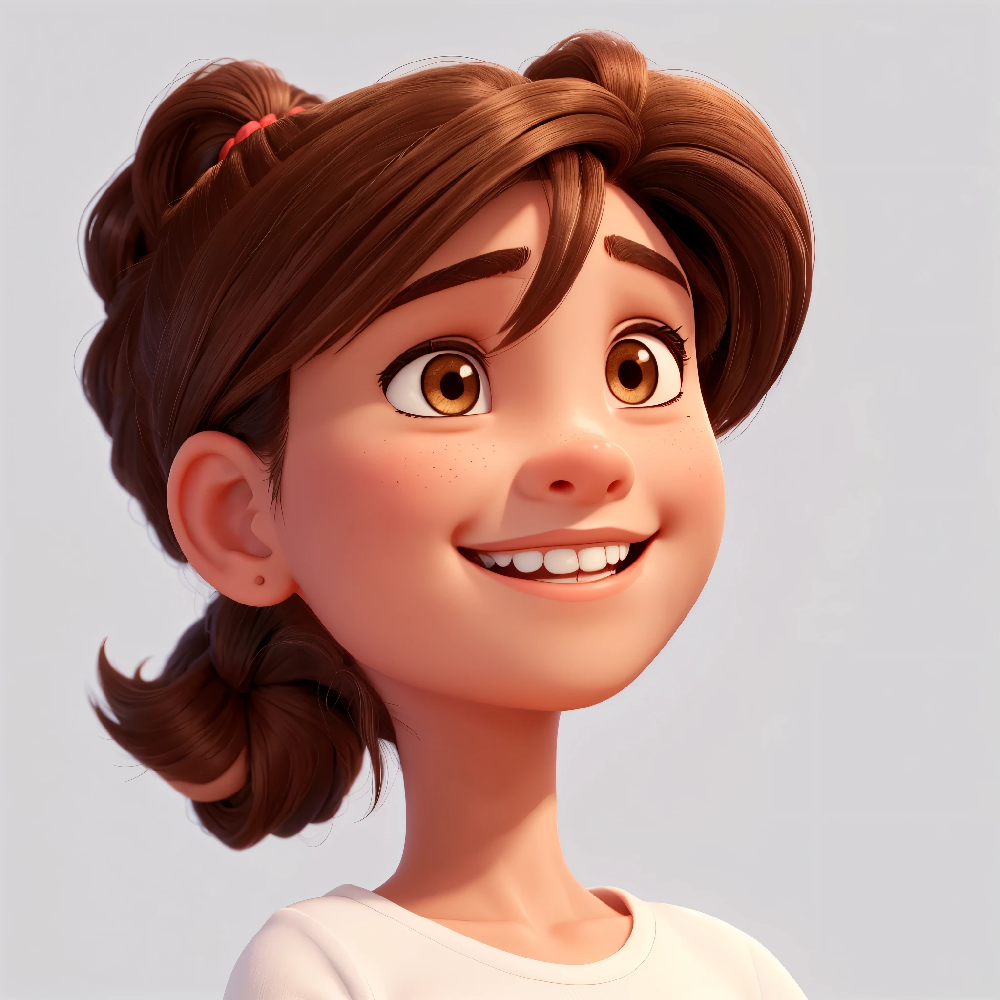 Face portrait image A light-skinned brown-eyed girl with dark brown hair tied in a ponytail smiling with white background
