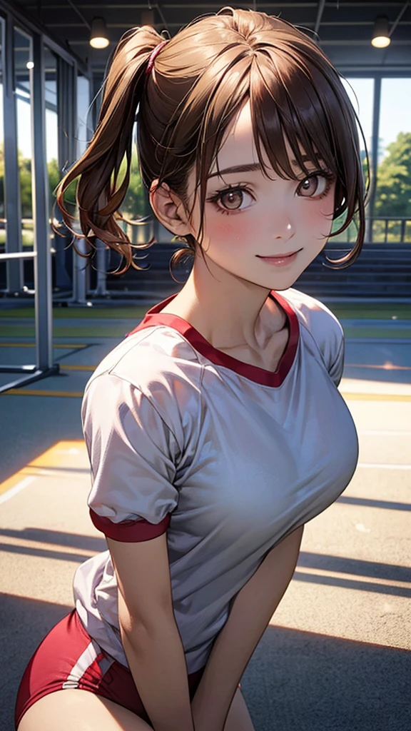 (masterpiece:1.2, top-quality), (realistic, photorealistic:1.4), beautiful illustration, (natural side lighting, movie lighting),
looking at viewer, upper body, (front view), 1 girl, japanese, , perfect face, cute and symmetrical face, shiny skin, babyface,
(le hair:1.2, (two side up:1.2), light brown hair), gold eyes, (large breasts:0.6, seductive thighs),
beautiful hair, beautiful face, beautiful detailed eyes, beautiful clavicle, beautiful body, beautiful chest, beautiful thigh, beautiful legs, beautiful fingers,
(gym uniform, buruma,),
(beautiful scenery), evening, sports hall, (lovely smile, upper eyes),