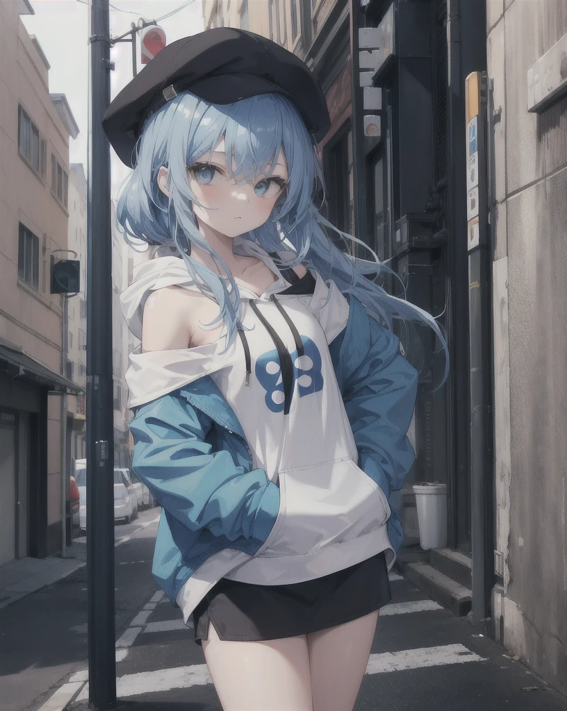 masterpiece,1girl,solo,long hair,blue hair,hoodie,off shoulder:1.2, mob cap, street,hand on hip, hand in pocket,