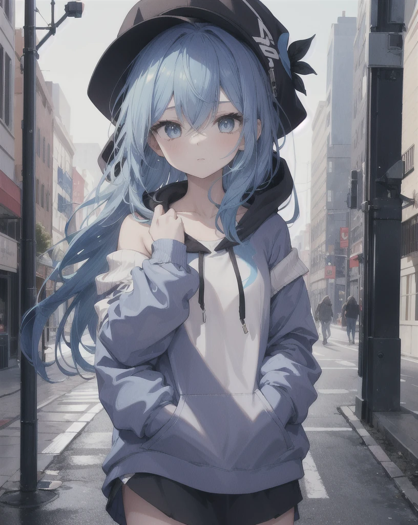 masterpiece,1girl,solo,long hair,blue hair,hoodie,off shoulder:1.2, mob cap, street,hand on hip, hand in pocket,