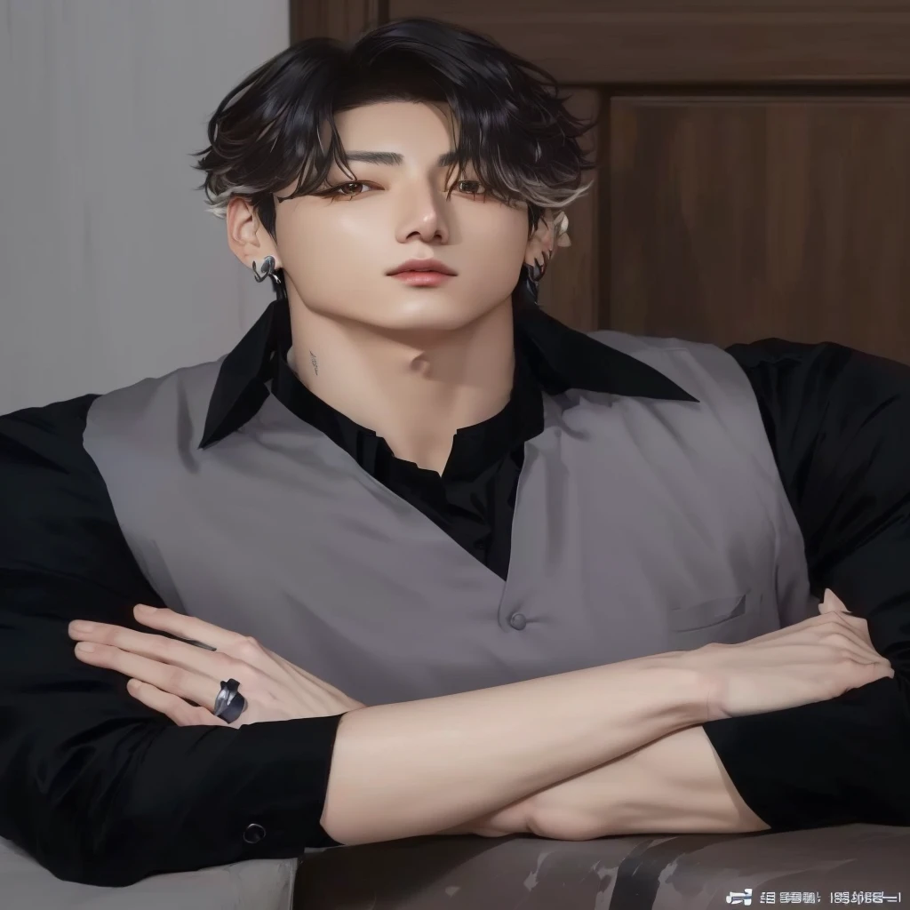 Arafed man wearing a black shirt and a gray vest., jeon Jungkook, quien es jeon Jungkook, inspirado por jeon Jungkook,jeon Jungkook, Heise Jinyao, lee wonbin, beautiful androgynous prince, kim taejin, delicate androgynous prince, jinyoung shin, seson yoon, jia, hyung tae, Sakimichan