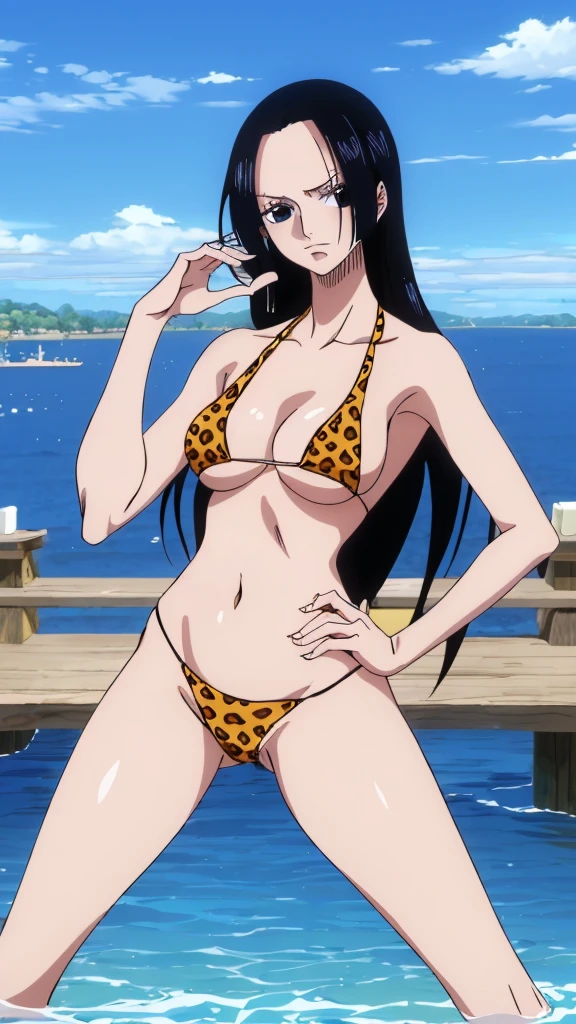 (masterpiece, 4K, Highest quality, anime style: 1.9, Detailed face, Lovely, Ocean,bold, High resolution, anime, Lake 4. alone, Curvaceous, Thighs, Cleavage, Medium Chest, Very slim belly, Cowboy Shot,Leopard print micro bikini,1 Girl、one piece,Boa Hancock,Black Hair,whole body,((Naked in a swimsuit)),blue sky,View your viewers,Clear Eyes,((Spread your legs,Right hand points forward,Place your left hand on your hip.,Face facing up))