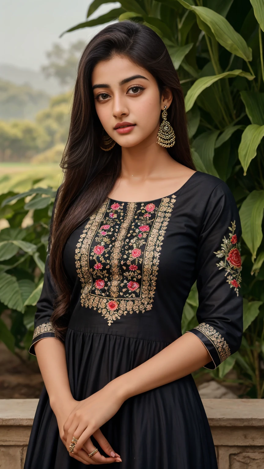 21 yo women Ananya Pandey wearing embroidery printed black anarkali kurta garden perfect anatomy, ultra detailed face and eyes, ultra sharp HDR, realistic realism, 8k