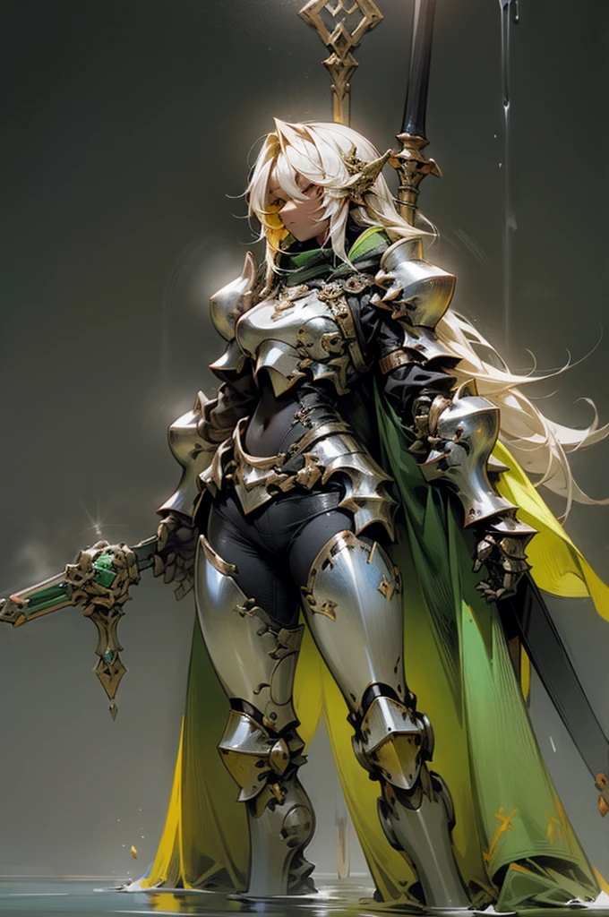 A female knight with long yellow hair wearing tank armor with a green cloak on her back, and possessing dark and water magic.