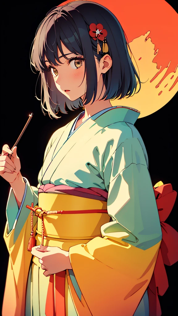 (highest quality:1.2), Very detailed, digital coloring, High Contrast, (masterpiece:1.2), highest quality, Best aesthetics, wallpaper, (detailed background), japanese background, looking side glance, cowboy shot, dutch angle, a man, male focus, otoko no ko, black shiny, short hair, flat chest, (cold stare), lemon yellow eyes, Meticulous Eyelash Details, (beautiful detailed face, beautiful detailed eyes), (hot gaze, Hot, Glossy, Leaking sigh), kimono, hakama, traditional Japanese culture