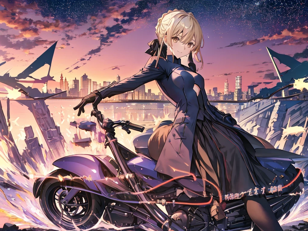 Motorcycle, アルトリア・ペンドラゴン_FATE, (masterpiece), highest quality, Fearless smile, 1girl, uhd, retina, masterpiece, ccurate, anatomically correct, textured skin, super detail, high details, high quality, best quality, highres, 4K