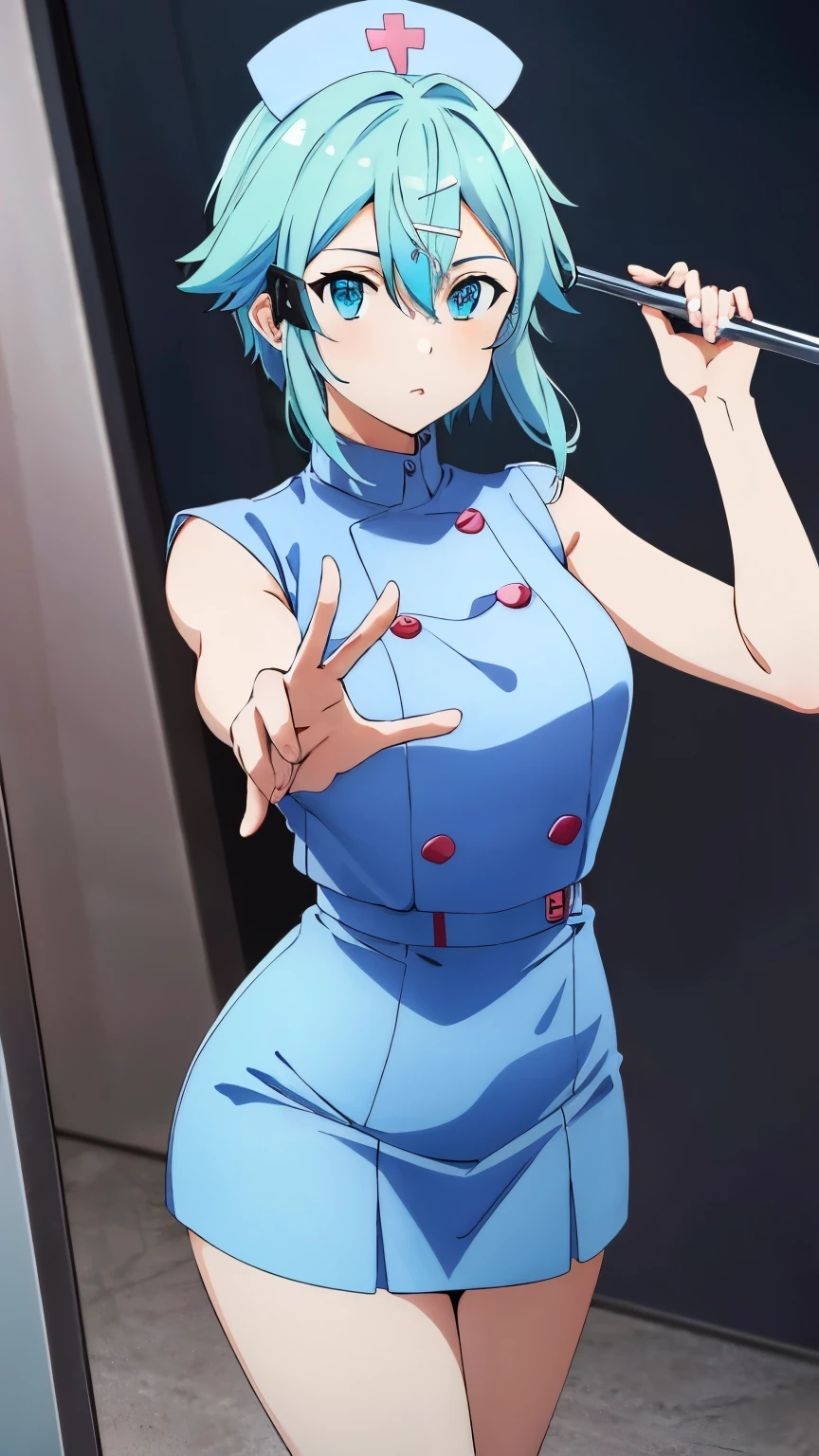 (Top Quality, Masterpiece, 8k:1.2), Ultra Detailed, High Resolution, Anime, 1 Girl, Solo, EPsoaSinon, Short Hair, Light Blue Hair, Detailed Jewel Eyes, Hair Between Eyes, (Hair Accessory:1.2), Hair Clip, Side Locks, (Light blue nurse uniform, nurse hat, sleeveless, short skirt, indoors), dynamic Angle, Cowboy Shot,looking at viewer,