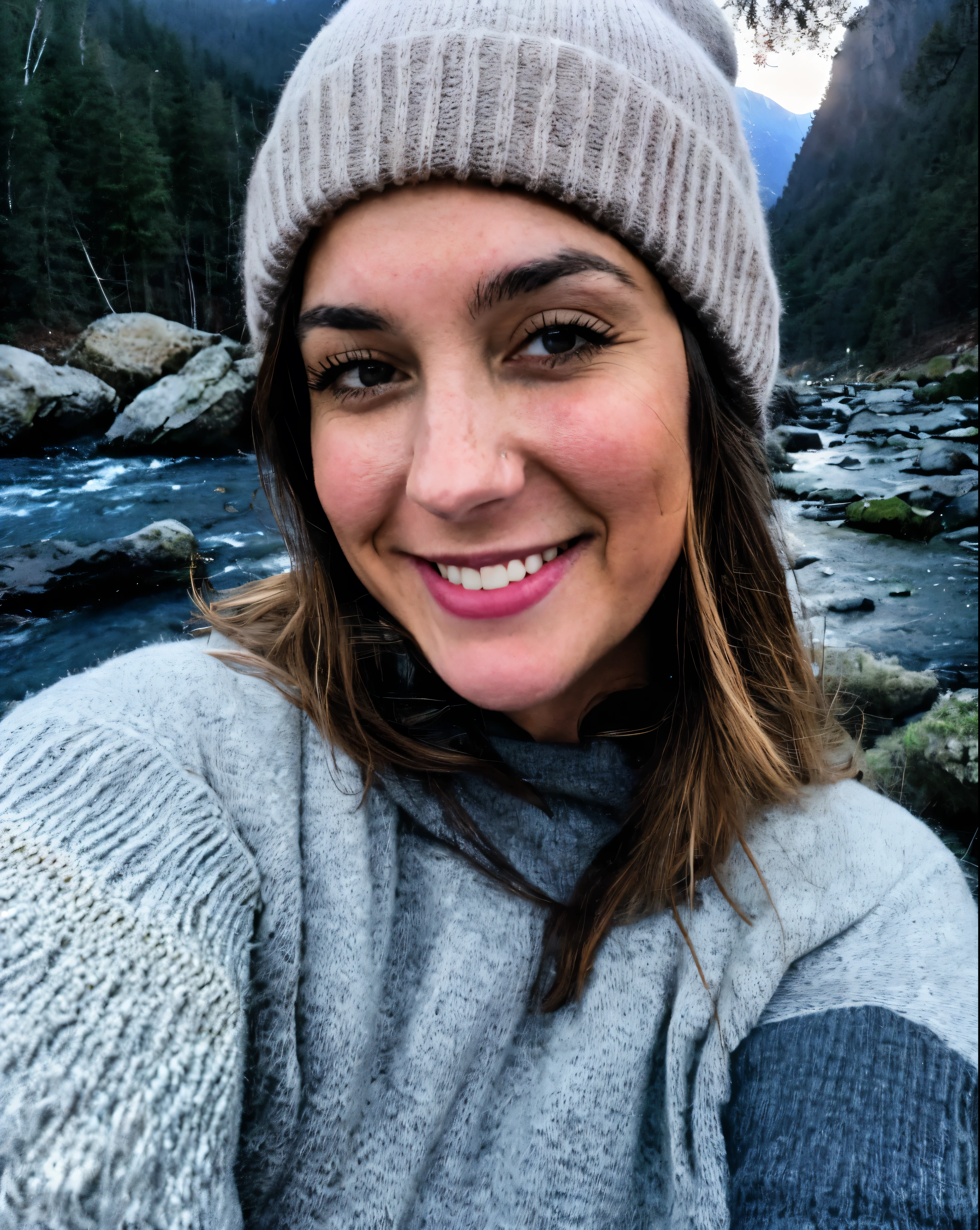 photograph, photo of beautiful woman, selfie, upper body, solo, wearing pullover, outdoors, (night), mountains, real life nature, stars, moon, cheerful, happy, gloves, sweater, beanie, forest, rocks, river, wood, smoke, fog, looking at viewer, skin texture, photo grain, close up, RAW photo