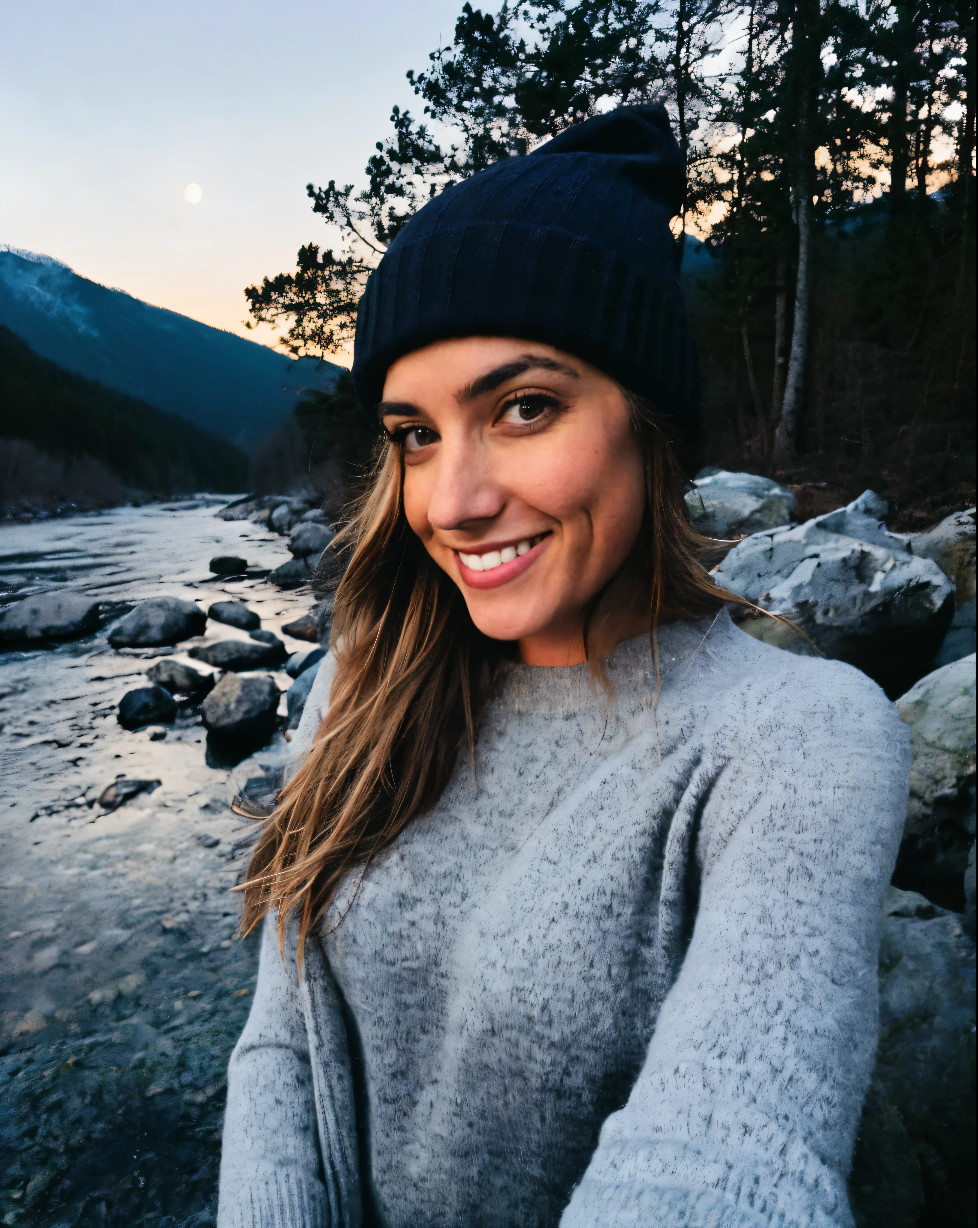 photograph, photo of beautiful woman, selfie, upper body, solo, wearing pullover, outdoors, (night), mountains, real life nature, stars, moon, cheerful, happy, gloves, sweater, beanie, forest, rocks, river, wood, smoke, fog, looking at viewer, skin texture, photo grain, close up, RAW photo