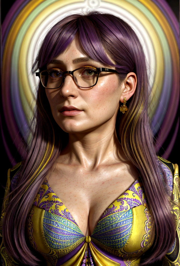 Photograph of a well dressed female aroused hyperrealist by David Hockney and Alphonse Mucha, photorealistic, dynamic lighting, art station, poster, volumetric lighting, highly detailed face, 4k, award-winning, 1 woman, darkness, deep shadows, low key, portrait, bob hair, yellow and Purple mixed hair, glasses, Big breasts, looking straight at the viewer, fractal pattern in the background, Beautiful Evening Dress 