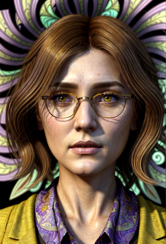 Photograph of a well dressed female aroused hyperrealist by David Hockney and Alphonse Mucha, photorealistic, dynamic lighting, art station, poster, volumetric lighting, highly detailed face, 4k, award-winning, 1 woman, darkness, deep shadows, low key, portrait, bob hair, yellow and Purple mixed hair, glasses, Big breasts, looking straight at the viewer, fractal pattern in the background