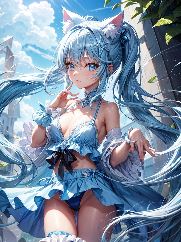 Light blue long pony tail girl diamond eyes diamond cat ears 2 diamond cat tails wearing diamond bikini