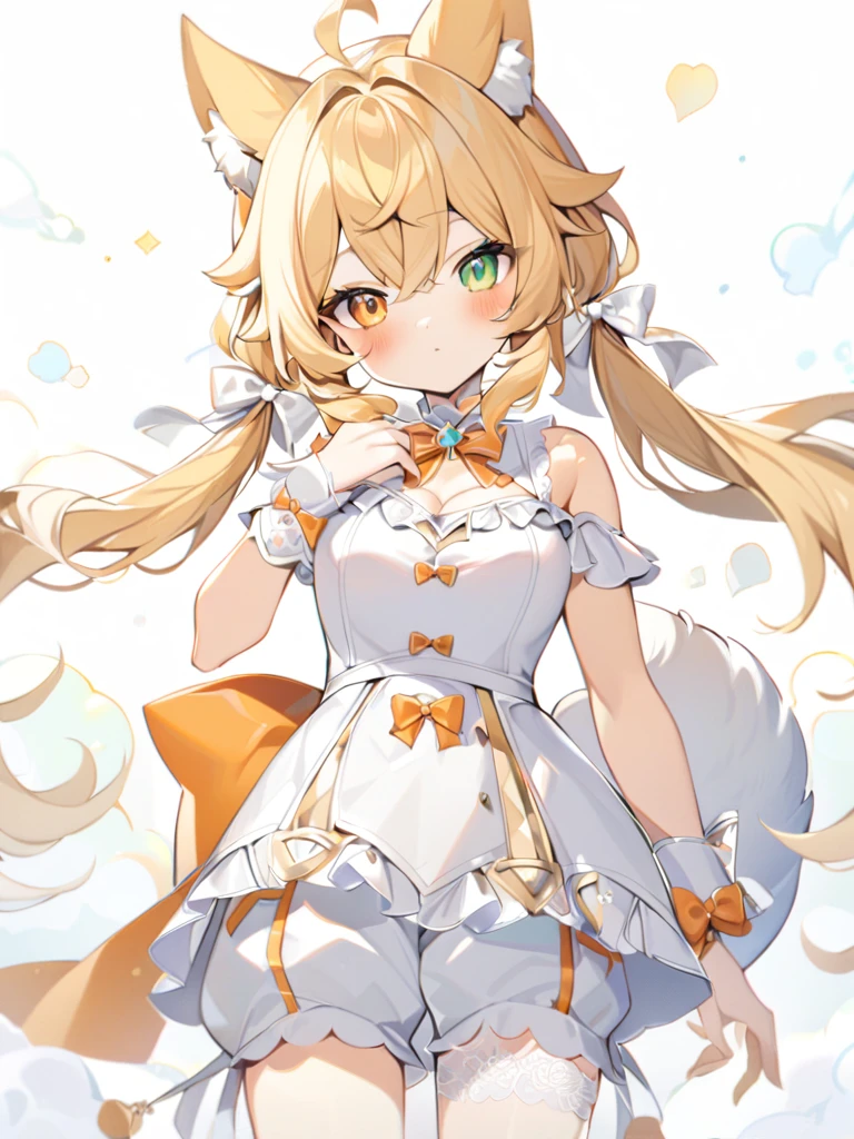 1girl, animal ears, bangs, bare shoulders, blonde hair, blush, bow, breasts, white cleavage, cropped torso, , green eyes, hair ribbon, heterochromia, stlooking at viewer, , orange bow, orange eyes, orange ribbon, ears like an unearthly animal, fluffy tail, light tail, real tail, ribbon, solo, stuffed animal, stuffed bunny, stuffed toy, twintails, upper body, full-length, white legbands, white shoes with lace and white bows, white background, wrist cuffs, yellow eyes, bloomers, close-up, fair skin frills, lace, midriff, skirt, solo, , white background,shorts, white top with ribbon and lace and trousers,trousers, genshin,white slippers with a bow,All clothes are white, laceAt full height, it stands, в полный рост