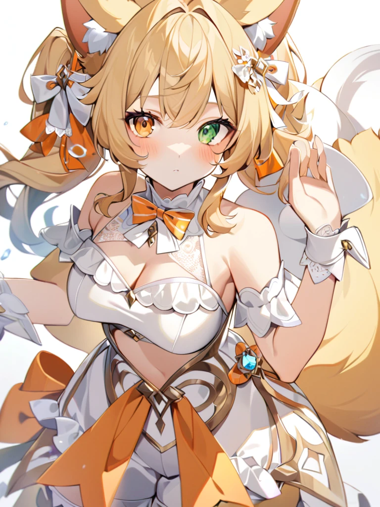 1girl, animal ears, bangs, bare shoulders, blonde hair, blush, bow, breasts, white cleavage, cropped torso, , green eyes, hair ribbon, heterochromia,  stlooking at viewer, , orange bow, orange eyes, orange ribbon, ears like an unearthly animal, fluffy tail, light tail, real tail, ribbon, solo, stuffed animal, stuffed bunny, stuffed toy, twintails, upper body, full-length, white legbands, white shoes with lace and white bows, white background, wrist cuffs, yellow eyes, bloomers, close-up, fair skin frills, lace, midriff, skirt, solo, , white background,shorts, white top with ribbon and lace and trousers,trousers, genshin,white slippers with a bow,All clothes are white, laceAt full height, it stands, в полный рост