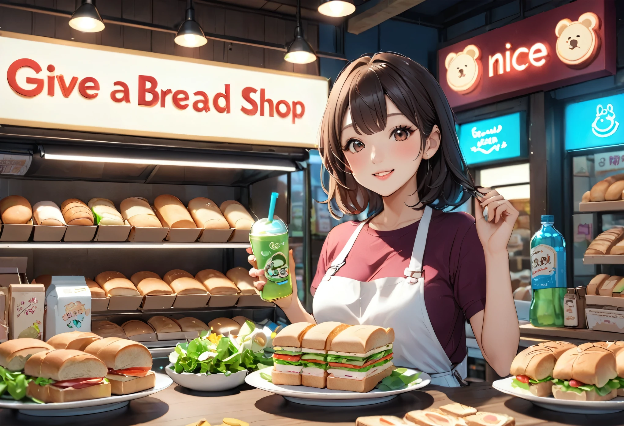 Bread店，A pretty girl，Female shop assistant，Happy smile，beautiful face，制作Sandwiches，_Give，A cute bear shop sign on the wall，小熊Bread，neon light，Bread，biscuit，Sandwiches，Salad，Bottled drinks，anime，Nice background，Depth of Field，CG unity，illustration，