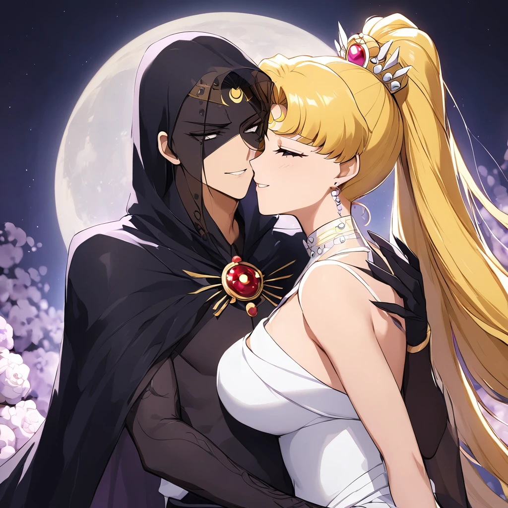 ((Highest quality)), ((masterpiece)), (detailed), （Perfect Face）、Black moon mark on forehead、The woman is Black Serenity, the noble dark queen of the Black Moon clan and has blonde hair.２The woman, Princess Serenity, has long hair tied in a ponytail and is embracing the strong and evil demon king, kissing him and getting married.、The woman has a black inverted crescent moon mark on her forehead, a gorgeous and glittering black gothic Victorian dress, a black veil and a black see-through cape, and is wearing luxurious jeweled accessories. She is the Queen of Darkness, the jet-black Princess Serenity, looking at the camera with a happy expression, and has the expression of a maiden in love.、A woman and a strong, evil demon king man embrace each other, kiss each other and get married.