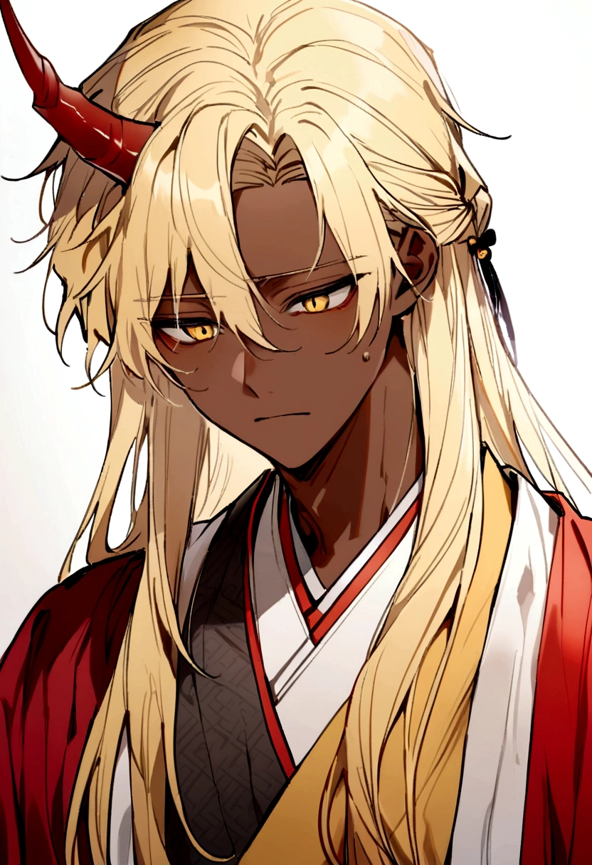 Beautiful young man with blond hair and dark skin, 17 years old, Yellow Eyes, A single red horn grows from the right side of its head., Dressed in traditional Korean costumes, A sad and hopeless look,Waist-length hair.