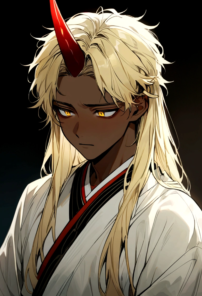 Beautiful young man with blond hair and dark skin, , Yellow Eyes, A single red horn grows from the right side of its head., Dressed in traditional Korean costumes, A sad and hopeless look,Waist-length hair.