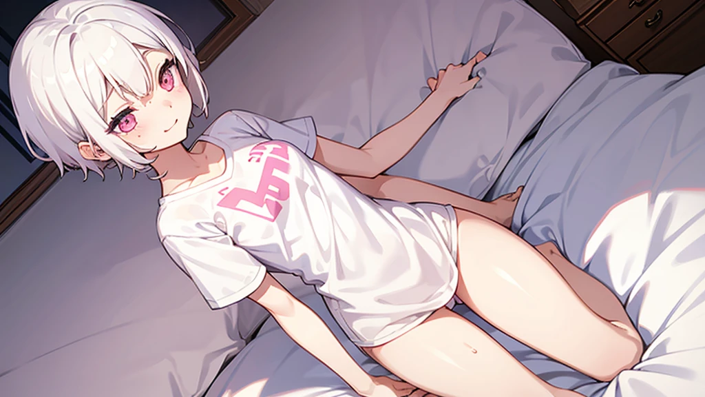 White Hair Girl、Pink Eyes、Short Hair、Only one girl、Night、In the bedroom、Blushing、laughing、Excited、Just One、Sitting on the bed、Wearing only underwear、Sweating、nsfw