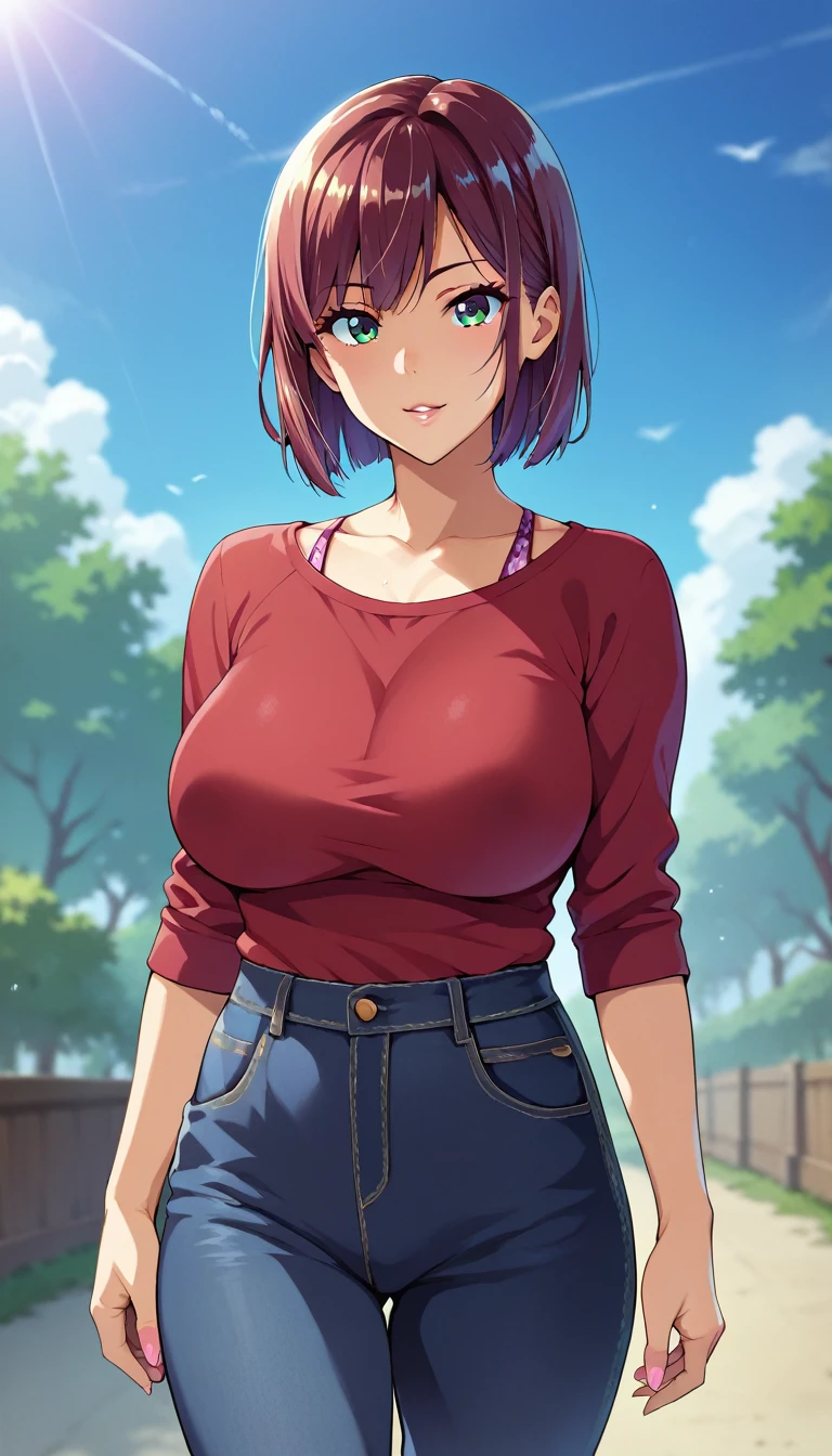 (masterpiece, best quality, ultra-detailed, high resolution, detailed eyes), takeda hiromitsu style, 1woman(40 years old), large breasts, voluptuous body, cowboy shot, standing, casual clothes