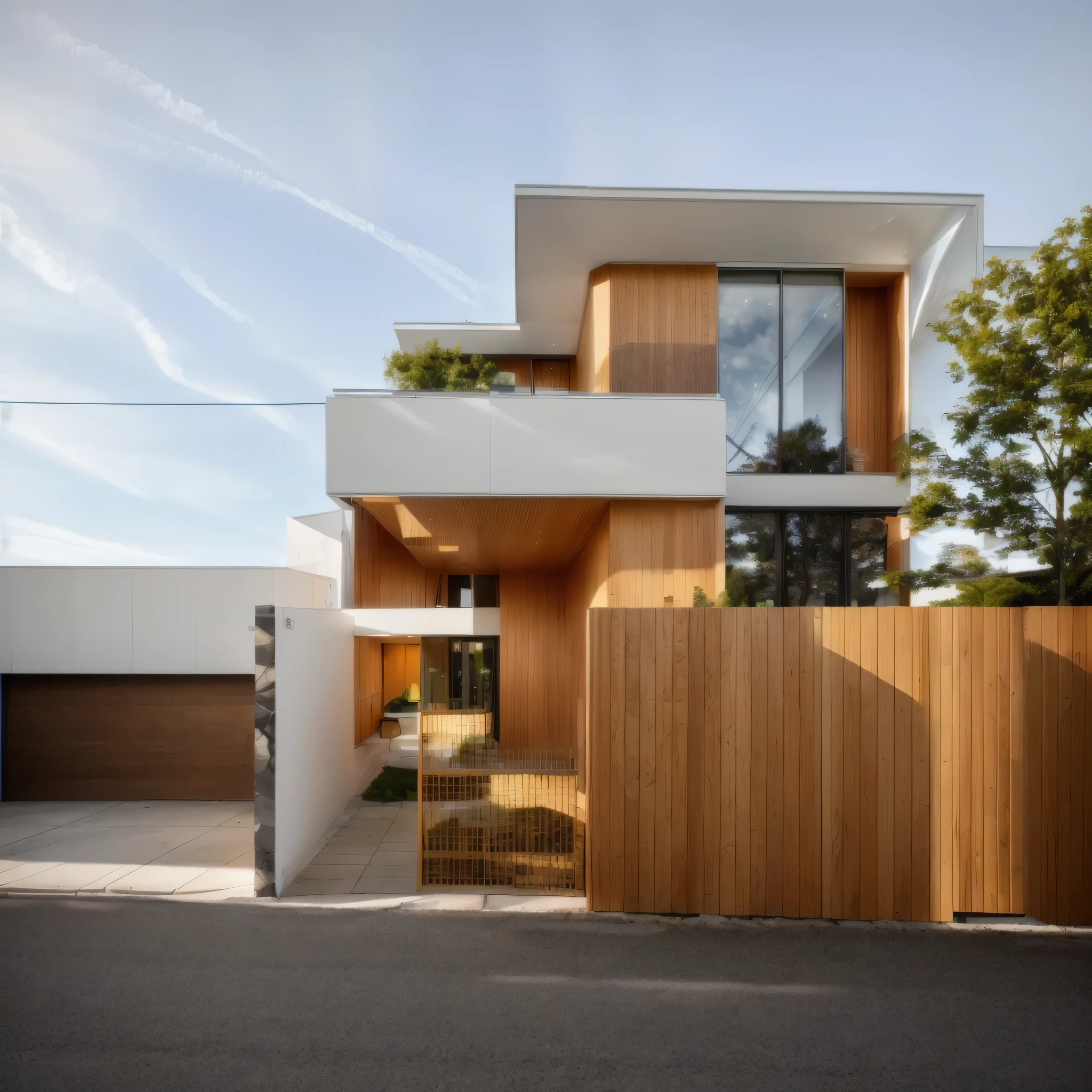 Maison moderne avec un style minimaliste, des matériaux exquis et simples, un soleil éclatant, un beau jardin arboré, une route asphaltée devant la maison, une clôture en pierre naturelle dans la maison avec voiture