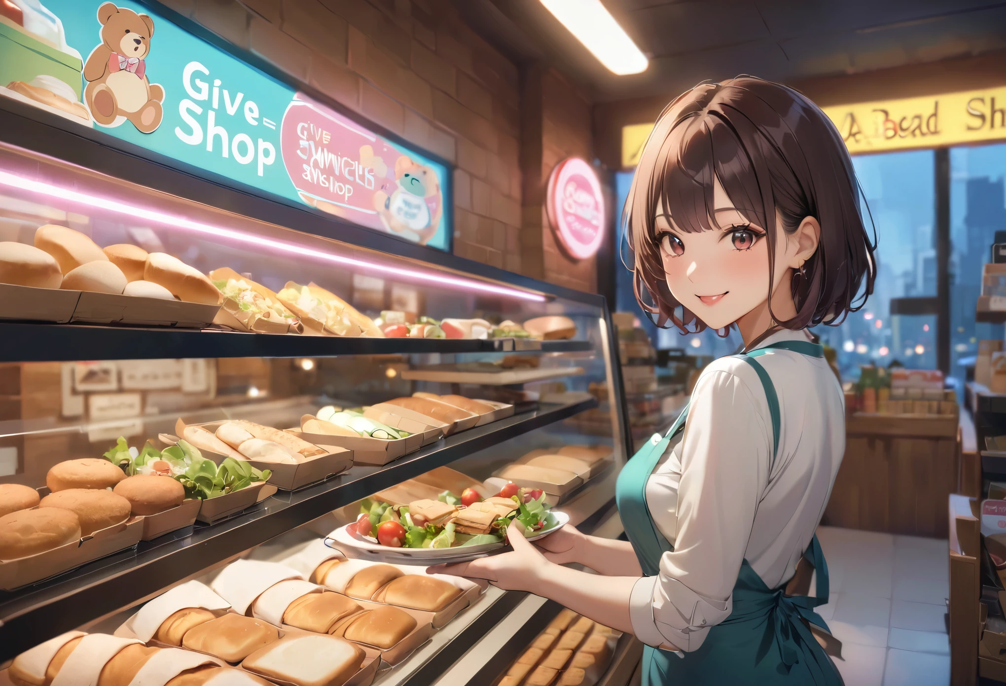 Bread店，A pretty girl，Female shop assistant，Happy smile，beautiful face，制作Sandwiches，_Give，A cute bear shop sign on the wall，小熊Bread，neon light，Bread，biscuit，Sandwiches，Salad，Bottled drinks，anime，Nice background，Depth of Field，CG unity，illustration，