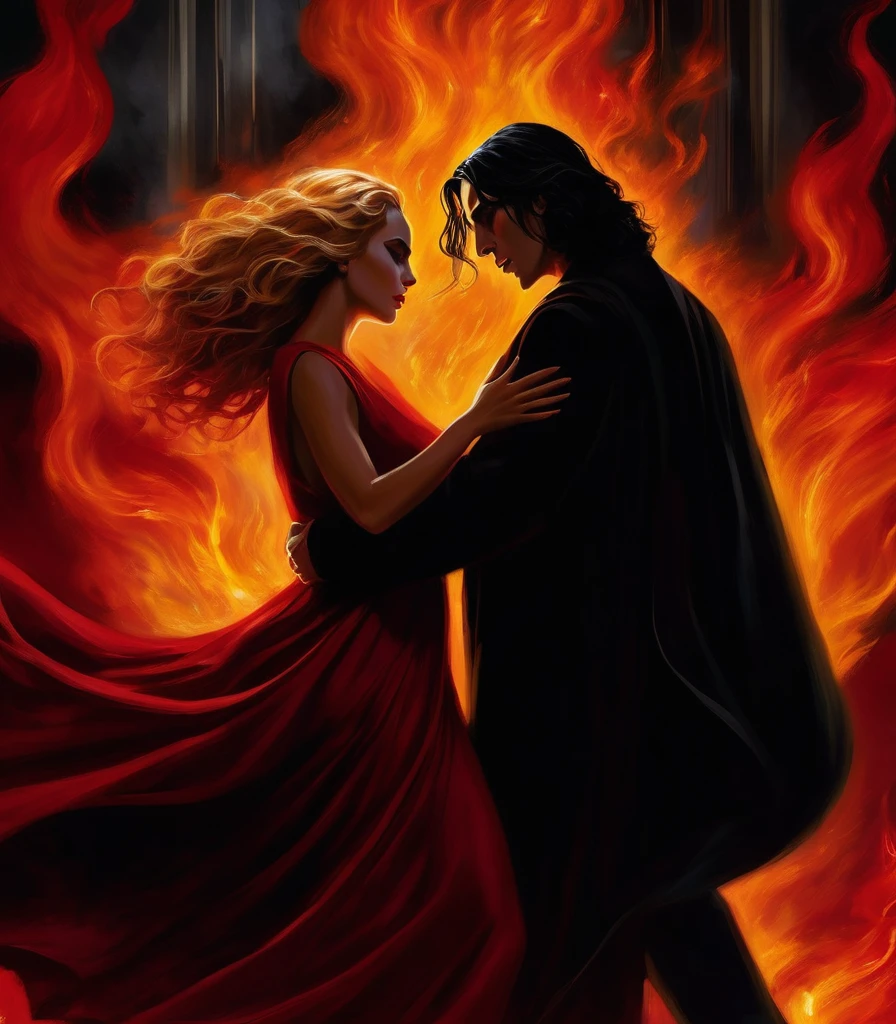 
- Scene: Create an image of two people in love in a setting of mystery and passion.
  
- Woman's Appearance:
  - Resembles Beyoncé
  - Brown skin
  - Long, golden blonde curly hair
  - Confident and seductive expression
  - Wearing a red dress, elegant and form-fitting
  - Lips painted a deep, intense red

- Man's Appearance:
  - Resembles Severus Snape (Alan Rickman)
  - Pale skin
  - Large nose
  - Black, straight hair falling around his face in a somber manner
  - Serious and intense expression
  - Wearing a black cloak, contrasting with the flames around them

- Atmosphere:
  - Surrounded by flames, creating a mystical and fiery ambiance
  - Soft lighting highlighting their faces, enhancing the sparkle in their eyes
  - Flames adding an element of intensity and mystery to the scene
  - They are close to each other, gazing intensely into each other's eyes, exuding a strong emotional connection