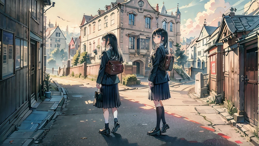 Ultra High Quality, masterpiece, high resolution, accurate anatomy, accurately describe a person, Beautiful illustration, 2 high school girls, cute face, happy, black hair, Historic buildings, quaint school buildings, full body standing, beautiful movie, 