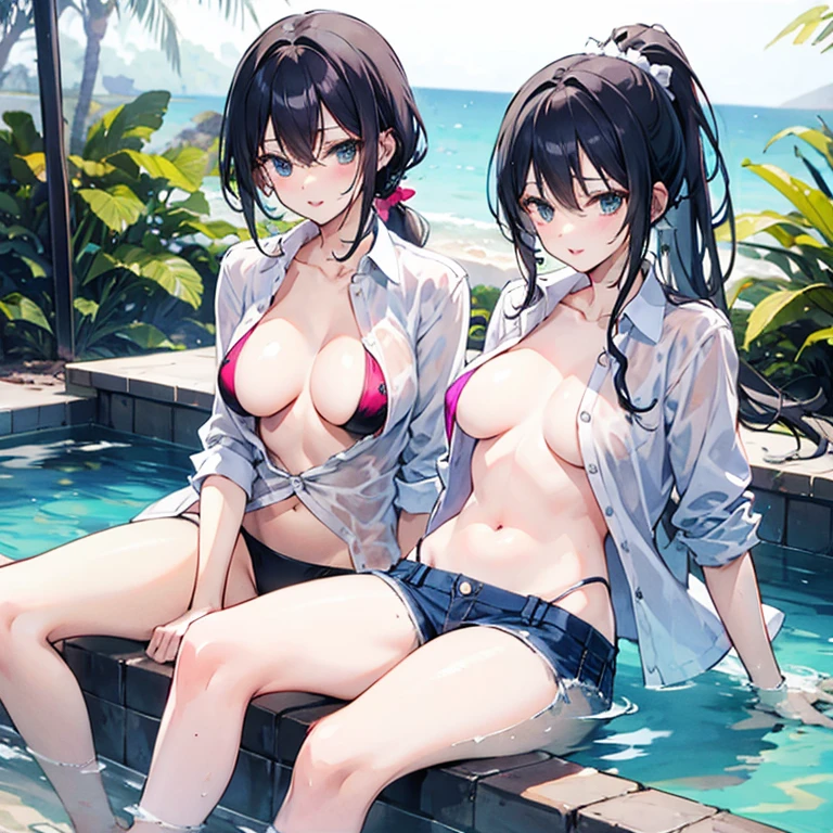 Ponytail sisters,sexy,Open-air bath,Unbuttoned
