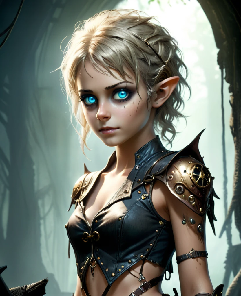 cute elf, (age elf with extremely cute eyes)), (((elf))), ((((high resolution))), (((extremely detailed))), ((masterpiece)), dramatic shadows, depth of field, analog photo style, (world in which are collide steampunk and postapocalyptic vibes), postapocalyptic cute female in steampunk aesthetic, torn dirty clothes, depth of field, full body shot, unzoomed, (perfect body: 1.4), (sidecut short hairstyle), (stalking is quite common, although not the best way to make a living), stylized atmosphere of unreality, dark atmosphere, dynamic pose, in motion, Armageddon, increase cinematic lighting, highly lifelike skin texture, parted lips, weary eyes, fine eyes, whitened skin, random hair colour, doomsday aura, (Mad Max world), (The Walking Dead world)
