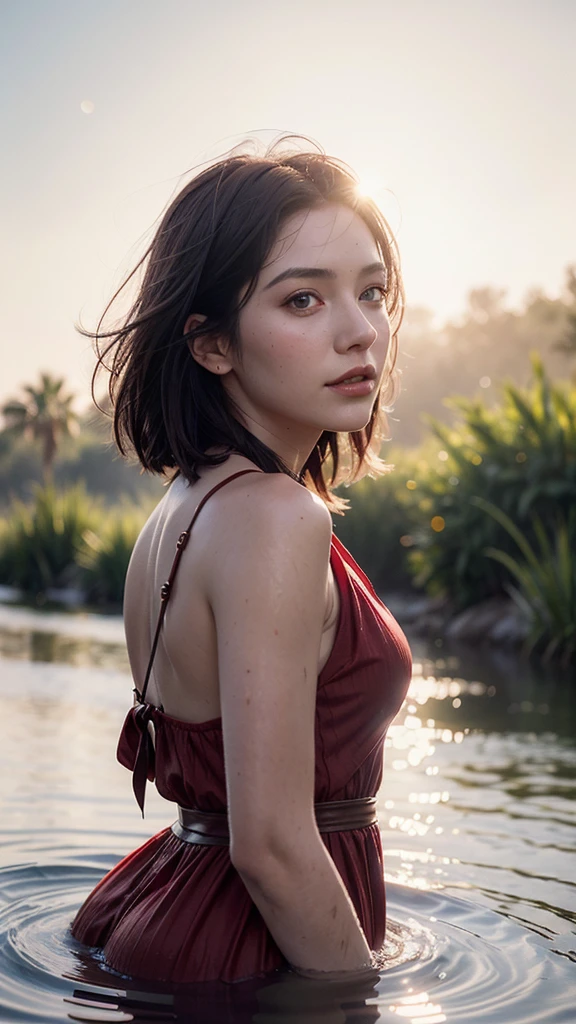 close up portrait of a cute woman (gldot) bathing in a river, reeds, (backlighting), realistic, masterpiece, highest quality, lens flare, shade, bloom, [[chromatic aberration]], by Jeremy Lipking, by Antonio J. Manzanedo, digital painting, red dress