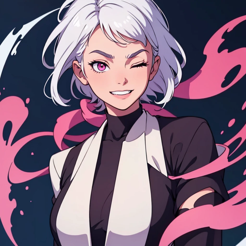 short white hair, highres, high resolution, masterpiece, wide dark pink eyes, looking right, looking rightward, head looking down, facing down, looking straight down, looking seriously down, looking into camera, head tilting down, head facing down, talking, grinning, confident, masterpiece, best quality, highres, 1 man, Gojo Satoru jujutsu kaisen, wavy hair, white hair, medium short hair, teenager, colorful hair, light background, full body, teenager, colorful parts, symbols, dark , bold, realistic mixing dark lines and loose lines, bold lines, on paper, human man, full body, imposing pose, stylish outfit, dark theme, beautiful, pretty, modest, standing, male, sharp chin, high cheekbones, white background, highres, high resolution, masterpiece, winking, one eye closed, grinning, huge smile, happy mouth open, talking, speaking, yelling, winking, one eye closed, light shadows on side of face