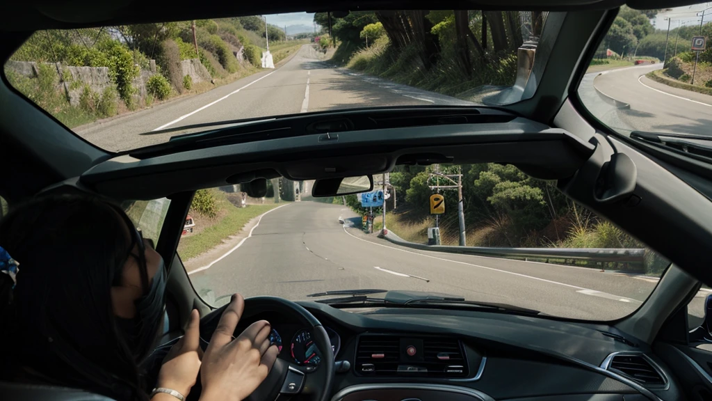 A car driving on a road, driver's view, road ahead