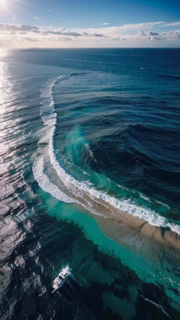 (Highest quality,masterpiece:1.3,Ultra-high resolution),(Super detailed,Caustics,8K), (Photorealistic:1.4, RAW shooting),Clear blue sea,Blue sky,White cloud,island,sun,Wave,Natural light,Low position,Low - Angle