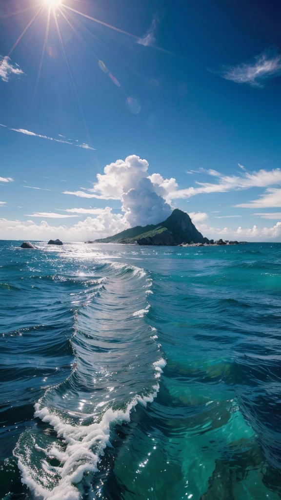 (Highest quality,masterpiece:1.3,Ultra-high resolution),(Super detailed,Caustics,8K), (Photorealistic:1.4, RAW shooting),Clear blue sea,Blue sky,White cloud,island,sun,Wave,Natural light,Low position,Low - Angle