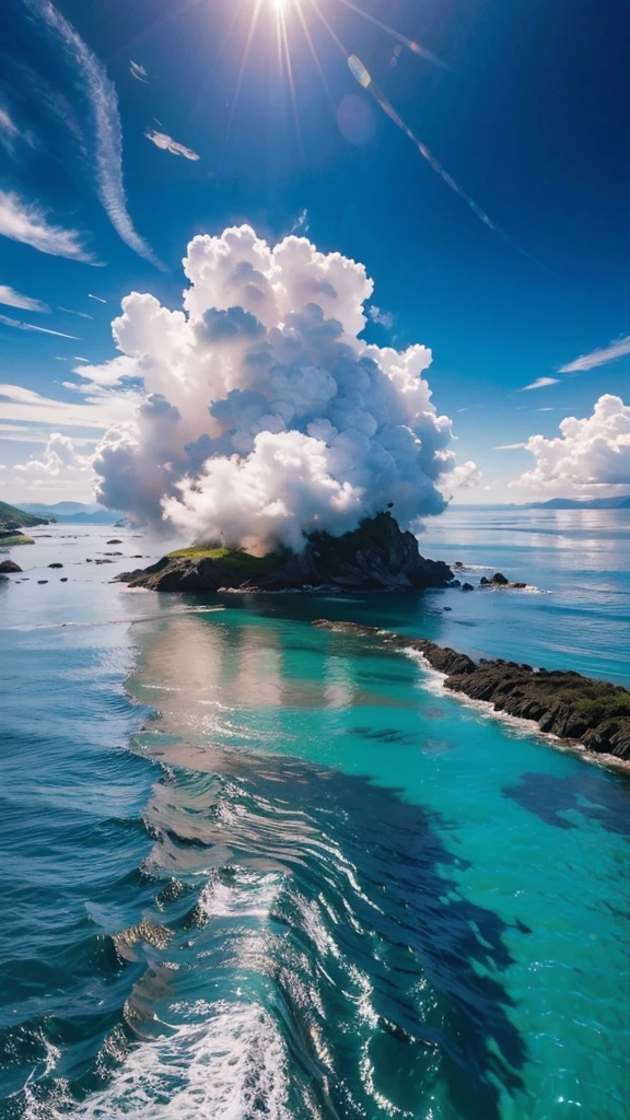 (Highest quality,masterpiece:1.3,Ultra-high resolution),(Super detailed,Caustics,8K), (Photorealistic:1.4, RAW shooting),Clear blue sea,Blue sky,White cloud,island,sun,Wave,Natural light,Low position,Low - Angle