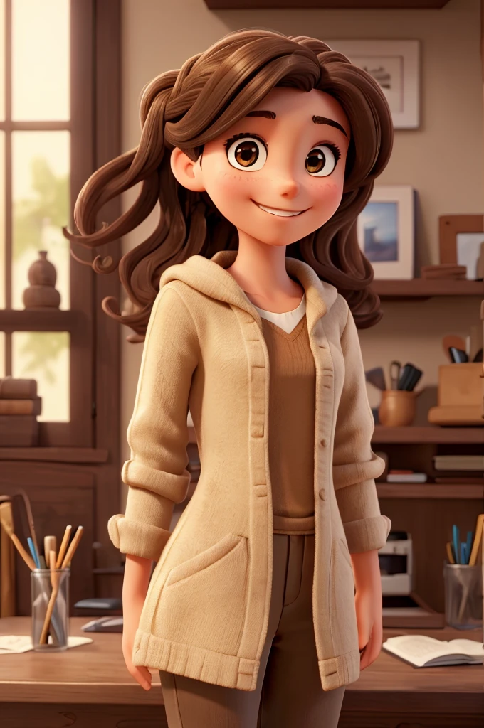 work of art, best qualityer, a girl with dark brown wavy hair tied up smiling