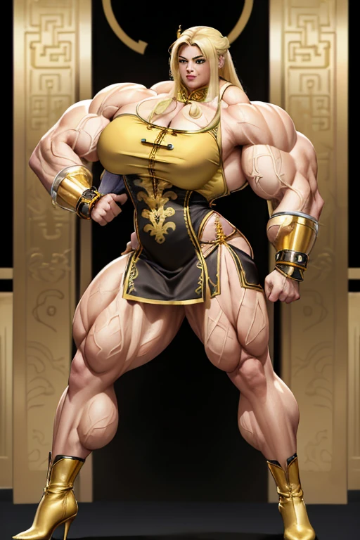 ((Massive, beautiful, buff, light brown skinned, muscular woman with yellow hair, black lipstick, ginormous bulky muscles and wearing an all gold beautiful long cheongsam dress)), ((close view)), massive muscles, massive biceps, hyper muscle triceps, (long flowing hair), gray eyes, (gold gauntlets), ((beautiful long gold cheongsam dress)), thigh high socks, high heels boots, (in a golden palace), surrounded by gold, night, closed smile, hyper muscles arms, hyper muscle legs, massive arms, close view